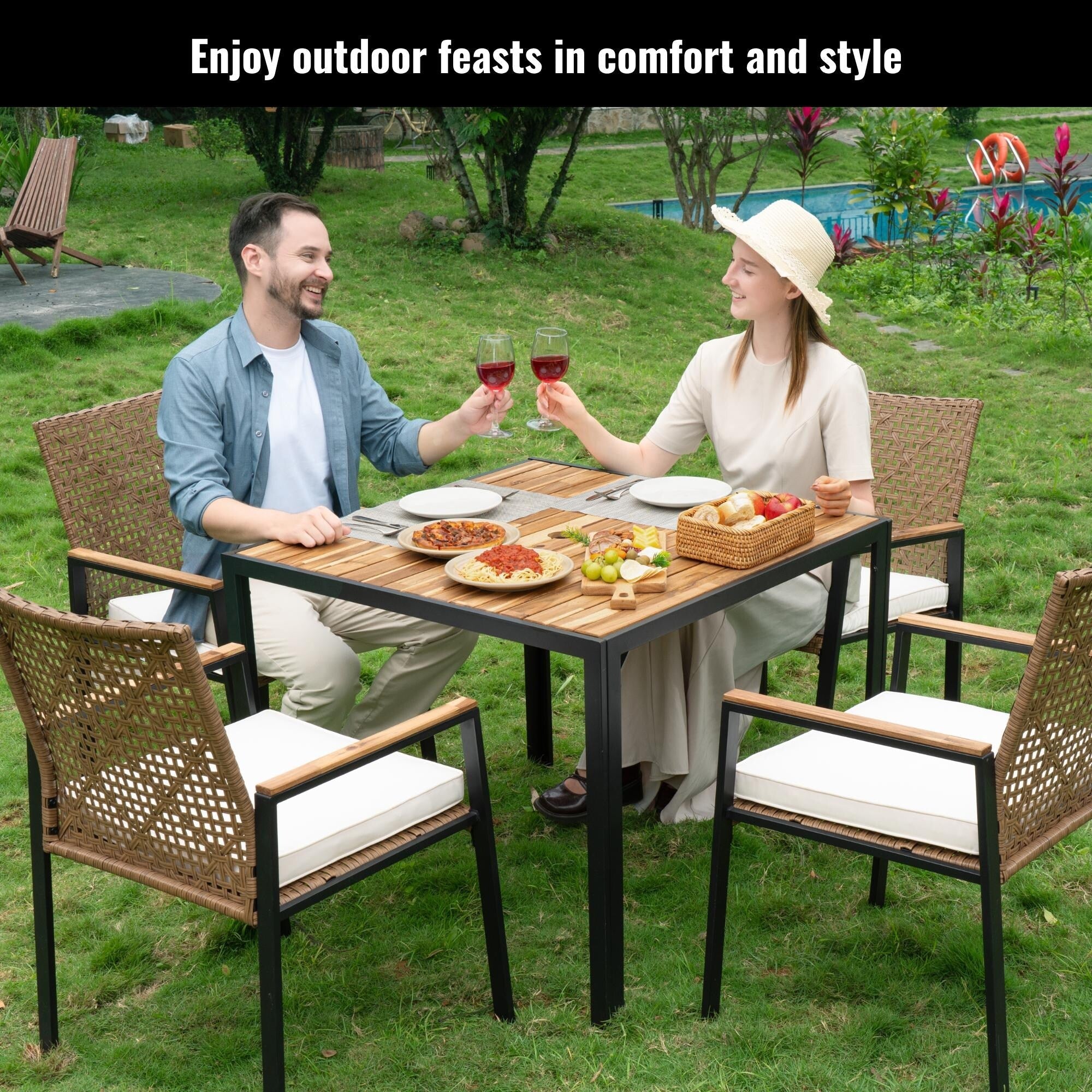 5-Piece Outdoor Patio Rattan Dining Set with Stackable Chairs, 35 Acacia Wood Table Top with Umbrella Hole