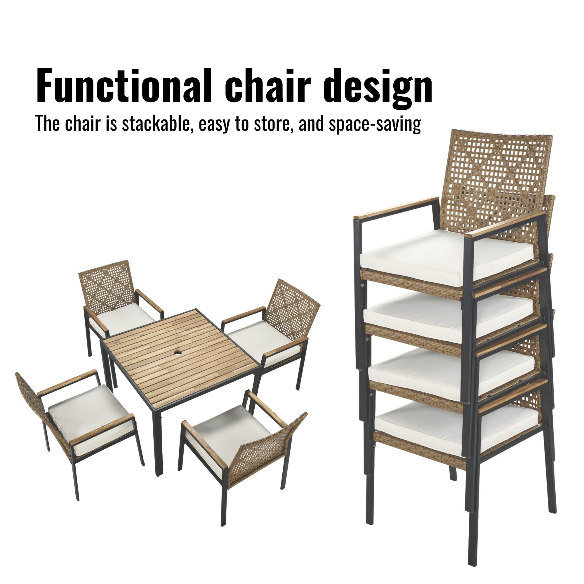 5-Piece Outdoor Patio Rattan Dining Set with Stackable Chairs, 35 Acacia Wood Table Top with Umbrella Hole