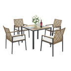 5-Piece Outdoor Patio Rattan Dining Set with Stackable Chairs, 35 Acacia Wood Table Top with Umbrella Hole