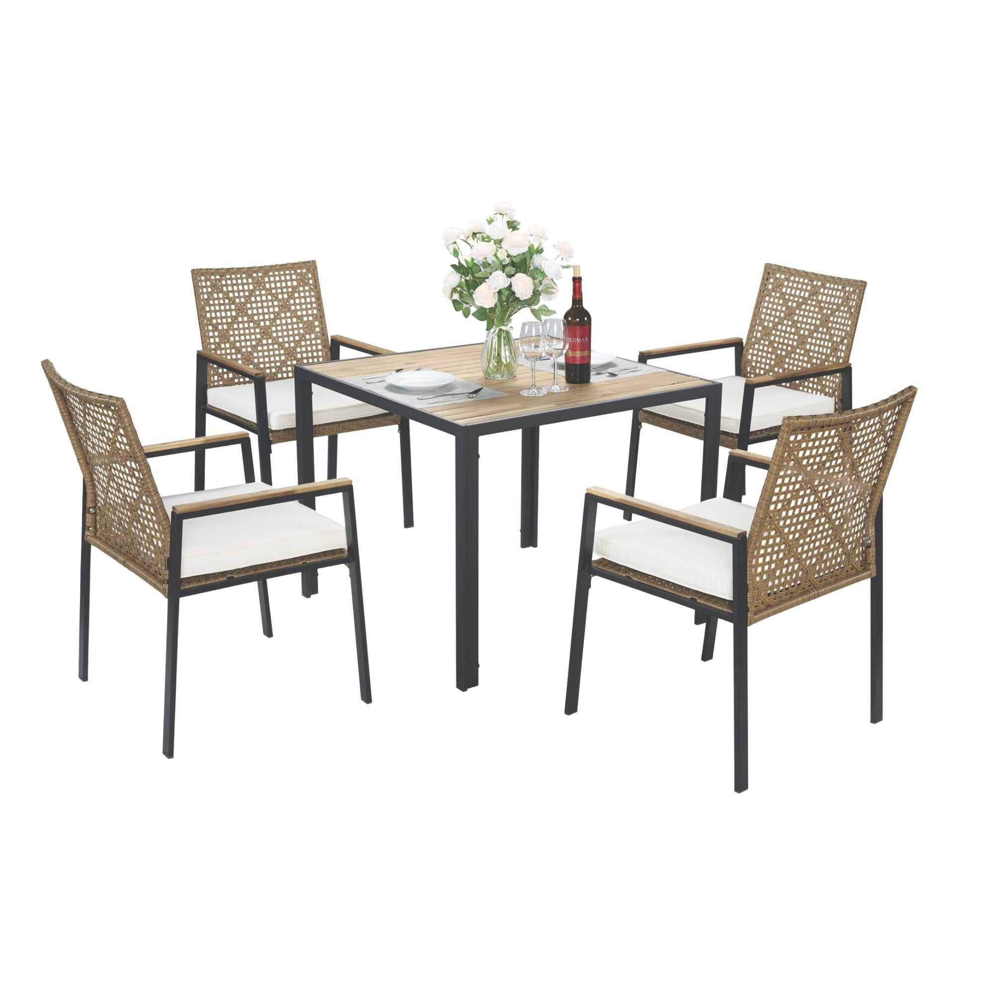 5-Piece Outdoor Patio Rattan Dining Set with Stackable Chairs, 35 Acacia Wood Table Top with Umbrella Hole
