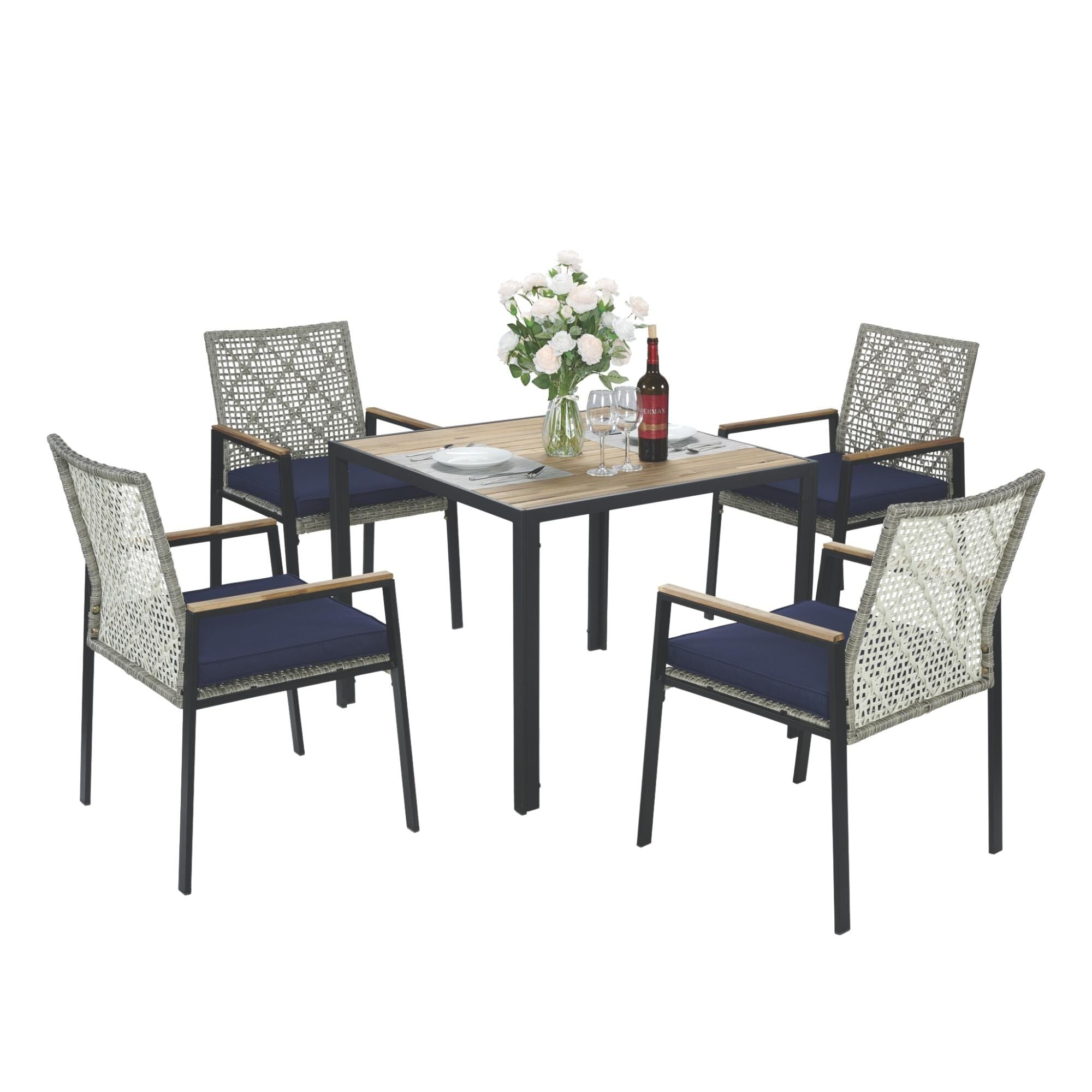 5-Piece Outdoor Patio Rattan Dining Set with Stackable Chairs, 35 Acacia Wood Table Top with Umbrella Hole