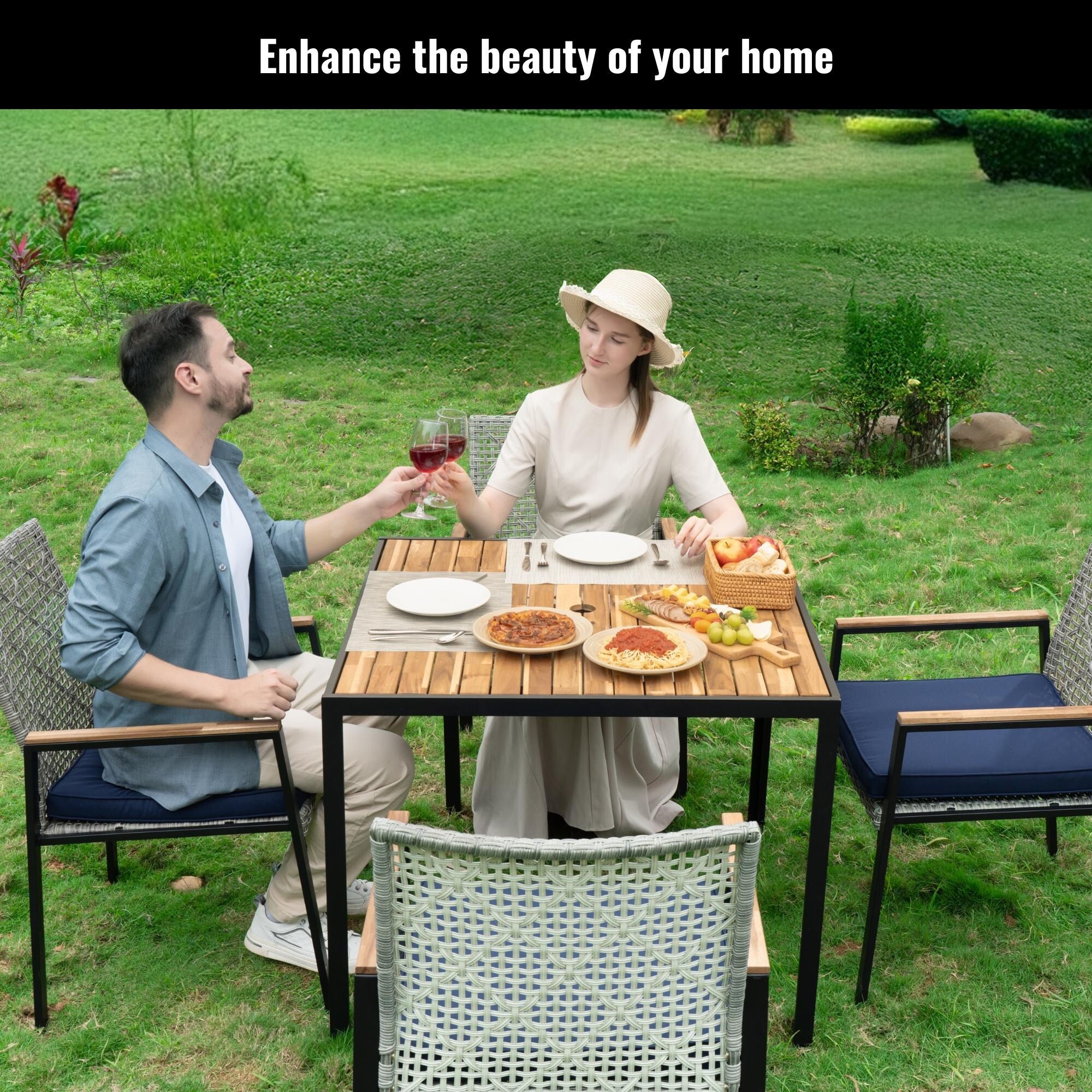 5-Piece Outdoor Patio Rattan Dining Set with Stackable Chairs, 35 Acacia Wood Table Top with Umbrella Hole
