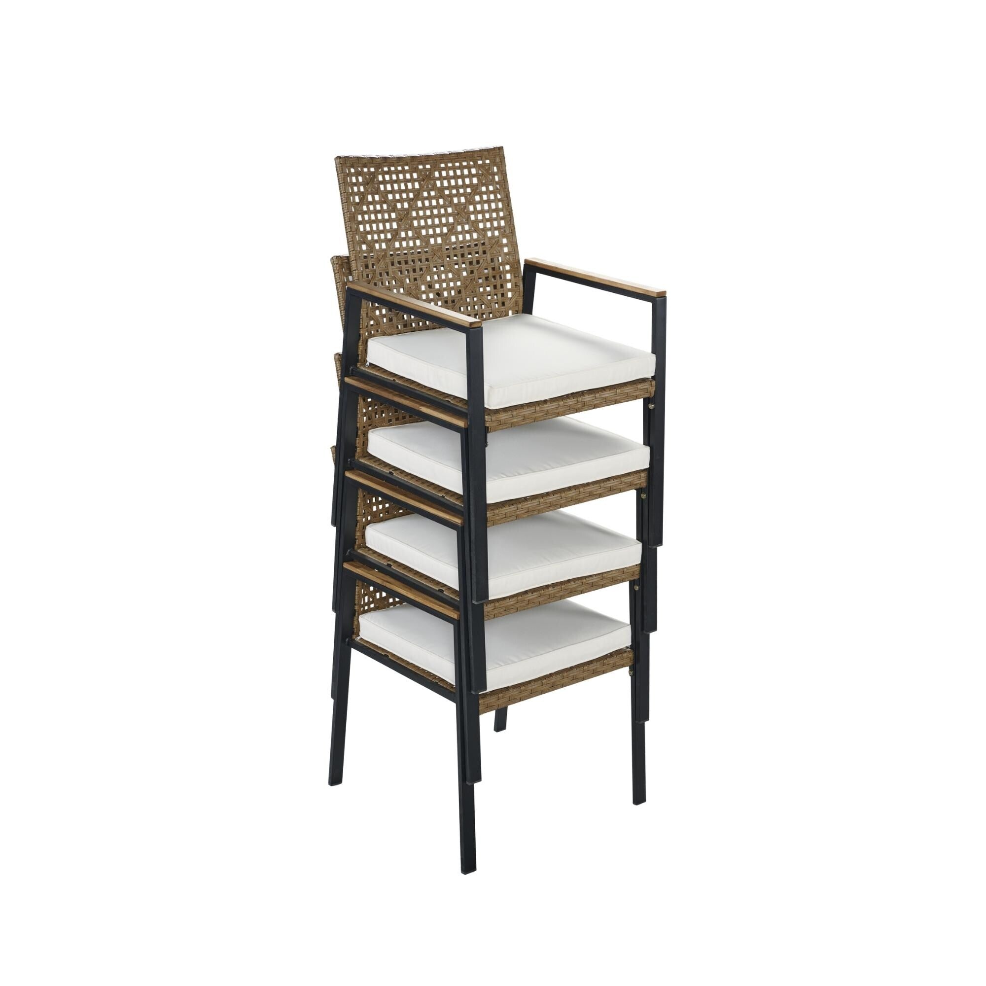 5-Piece Outdoor Patio Rattan Dining Set with Stackable Chairs, 35 Acacia Wood Table Top with Umbrella Hole