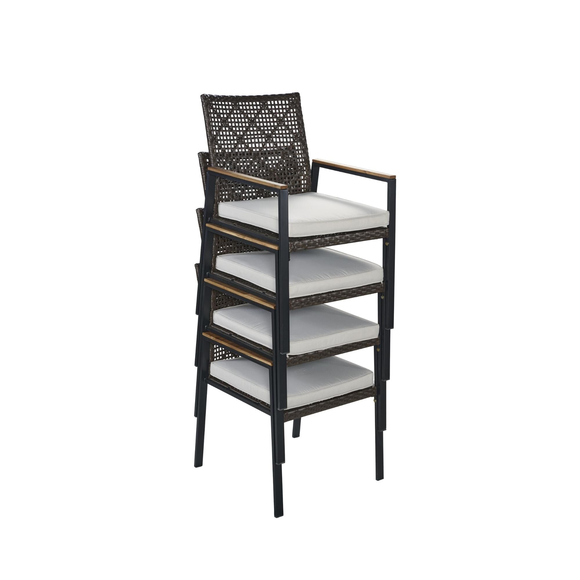 5-Piece Outdoor Patio Rattan Dining Set with Stackable Chairs, 35 Acacia Wood Table Top with Umbrella Hole