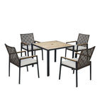 5-Piece Outdoor Patio Rattan Dining Set with Stackable Chairs, 35 Acacia Wood Table Top with Umbrella Hole