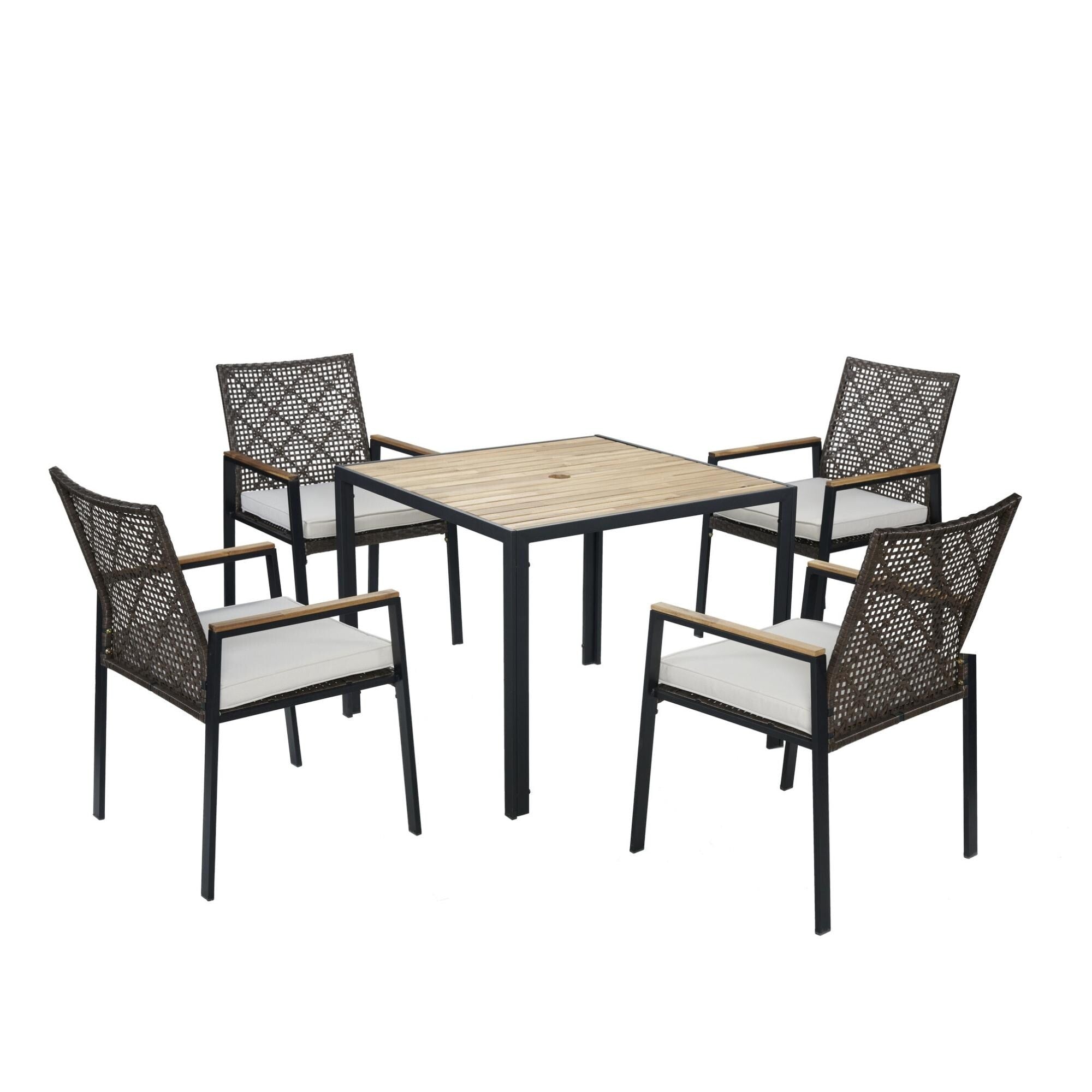 5-Piece Outdoor Patio Rattan Dining Set with Stackable Chairs, 35 Acacia Wood Table Top with Umbrella Hole