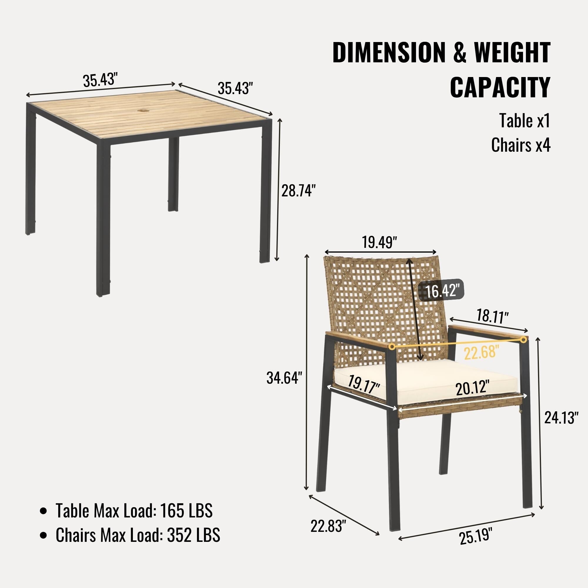 5-Piece Outdoor Patio Rattan Dining Set with Stackable Chairs, 35 Acacia Wood Table Top with Umbrella Hole