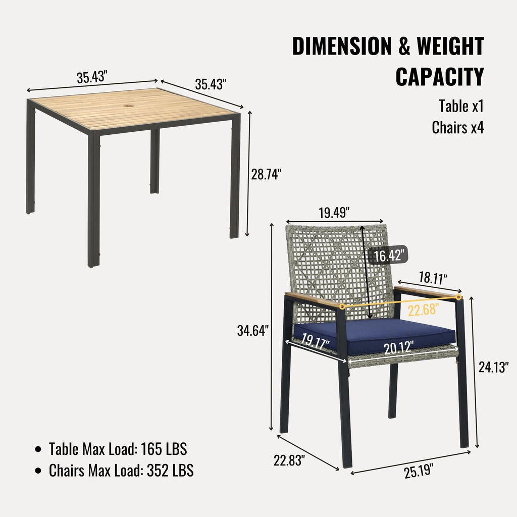 5-Piece Outdoor Patio Rattan Dining Set with Stackable Chairs, 35 Acacia Wood Table Top with Umbrella Hole