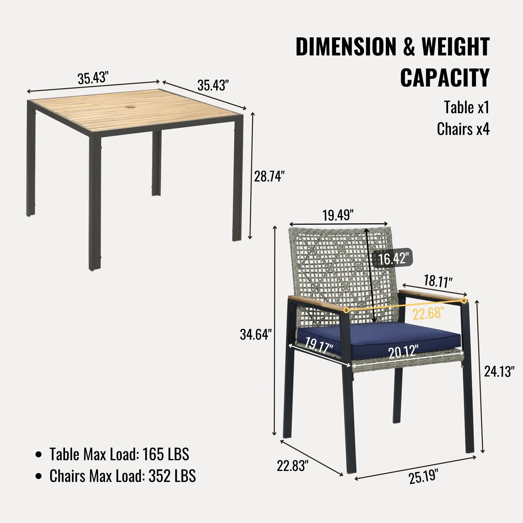 5-Piece Outdoor Patio Rattan Dining Set with Stackable Chairs, 35 Acacia Wood Table Top with Umbrella Hole