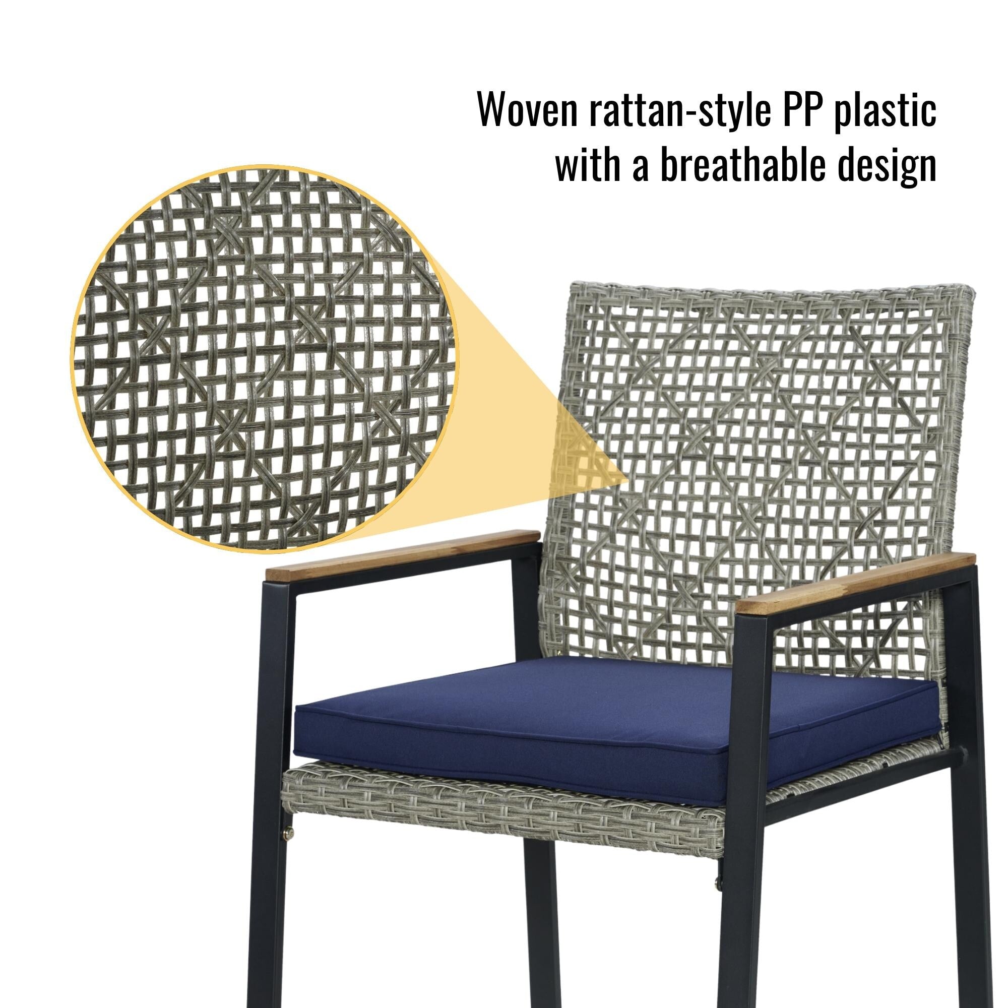 5-Piece Outdoor Patio Rattan Dining Set with Stackable Chairs, 35 Acacia Wood Table Top with Umbrella Hole