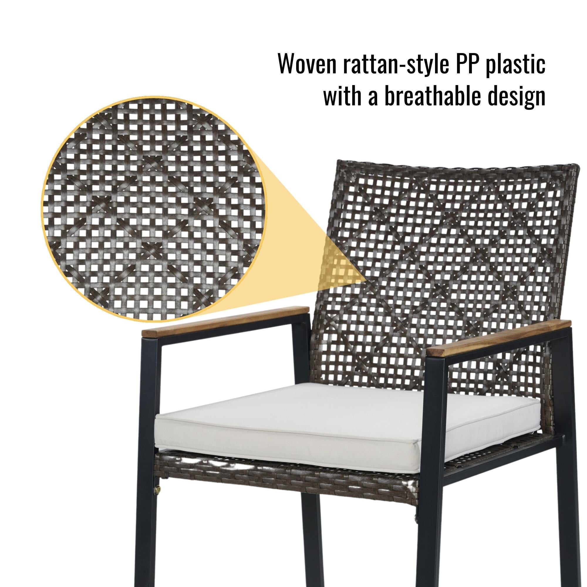 5-Piece Outdoor Patio Rattan Dining Set with Stackable Chairs, 35 Acacia Wood Table Top with Umbrella Hole