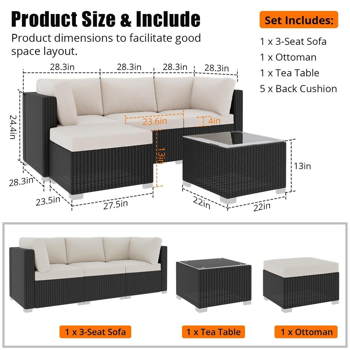 5-Piece Outdoor Patio Rattan Wicker Sofa Set