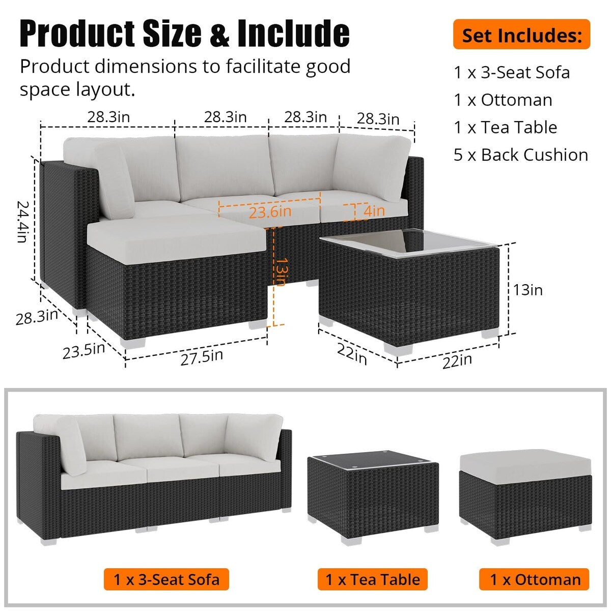 5-Piece Outdoor Patio Rattan Wicker Sofa Set