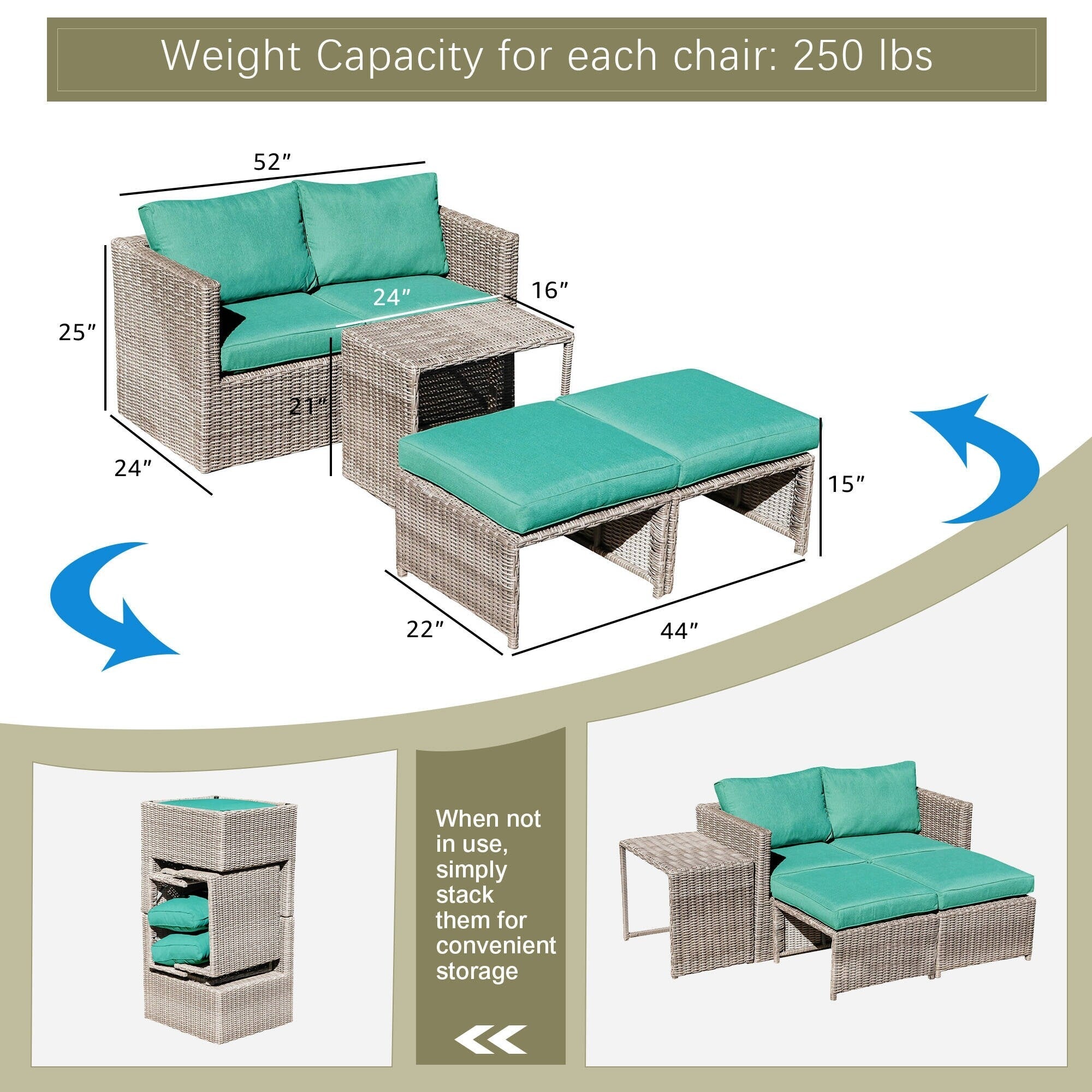 5-Piece Outdoor Rattan Conversation Set Wicker Chair with Cushions