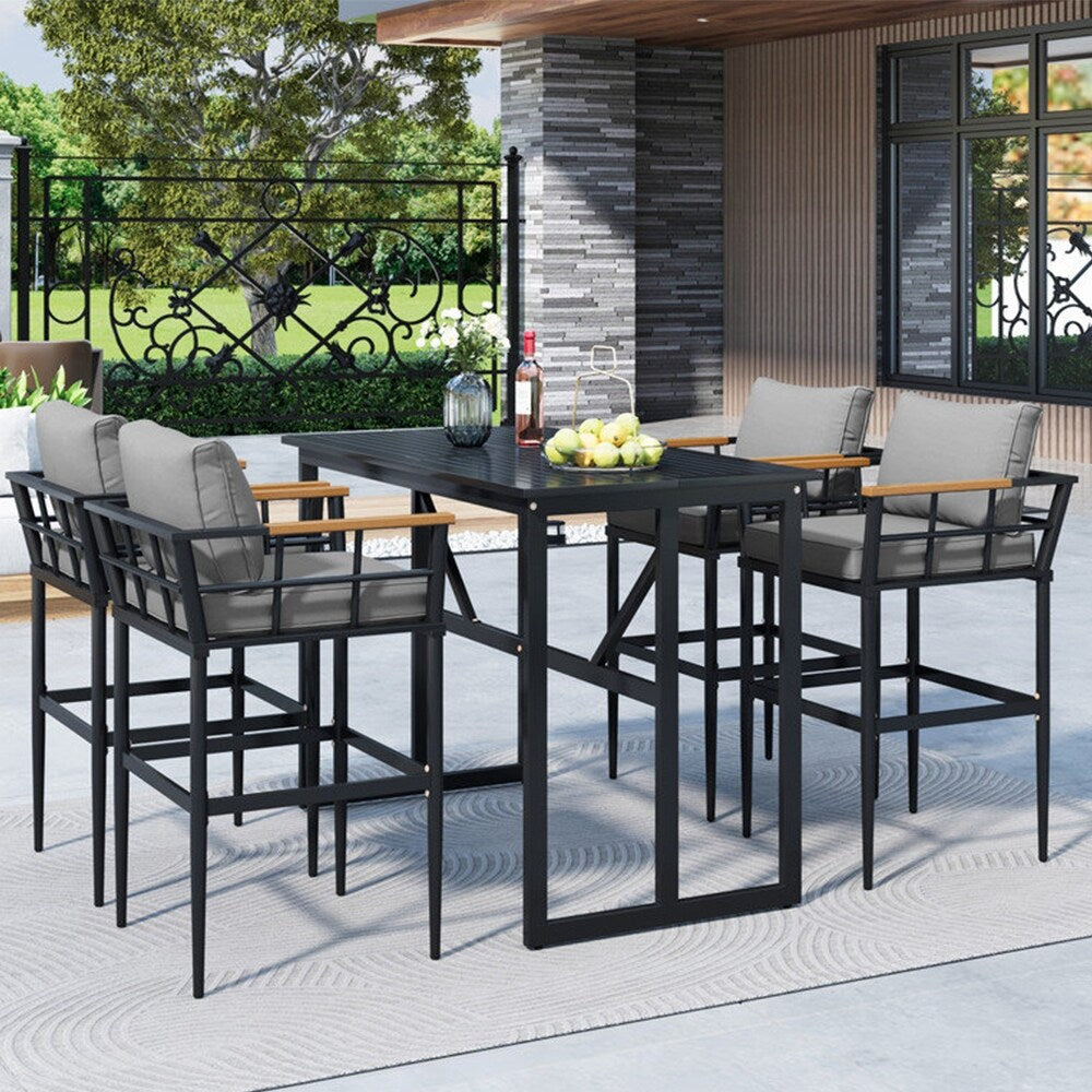 5-Piece Outdoor Steel Dining Set w/4 Chairs, Patio Bar Set,Cushions