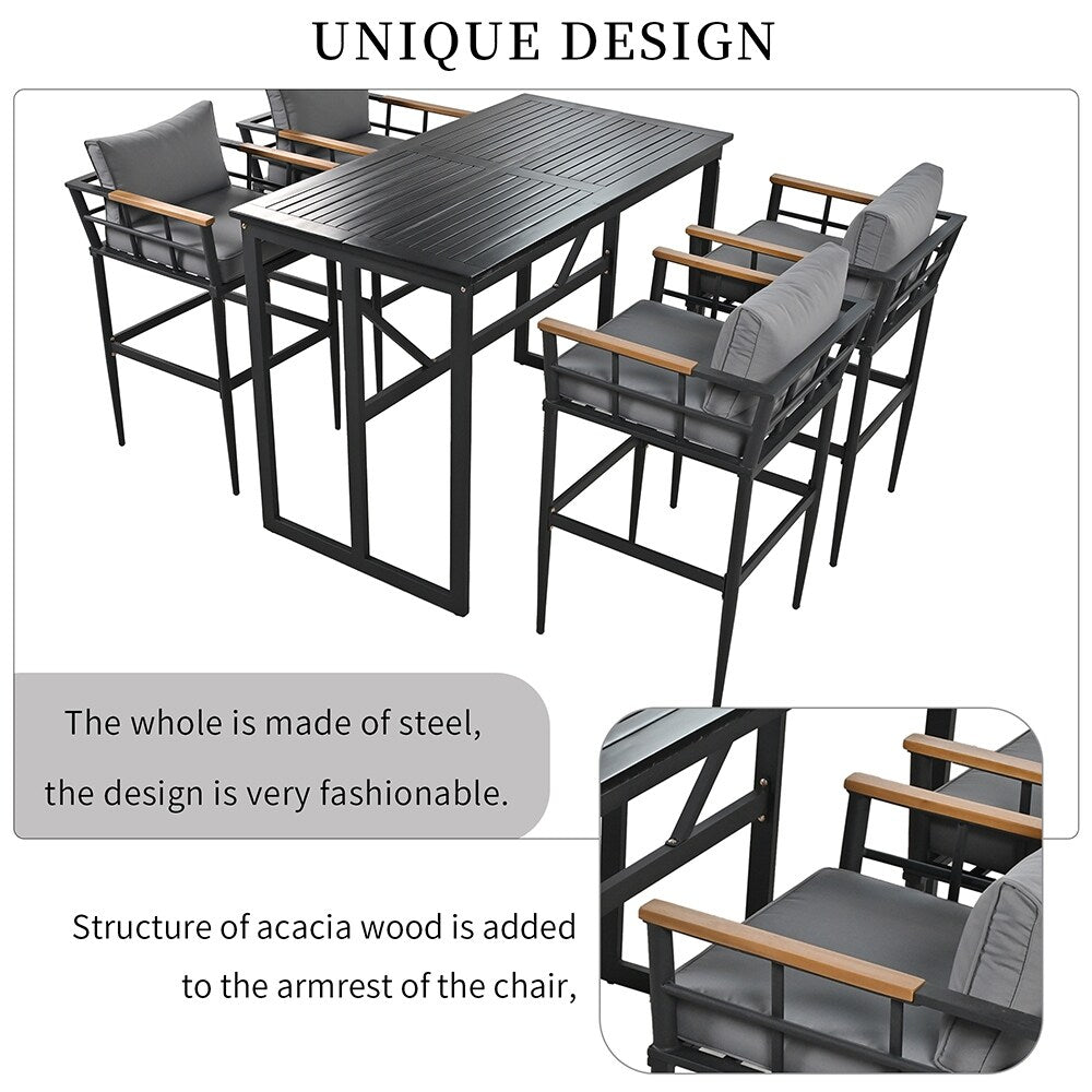 5-Piece Outdoor Steel Dining Set w/4 Chairs, Patio Bar Set,Cushions