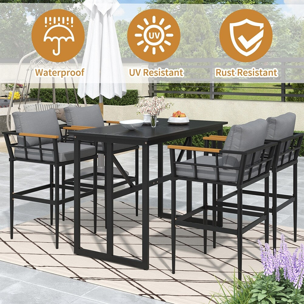 5-Piece Outdoor Steel Dining Set w/4 Chairs, Patio Bar Set,Cushions