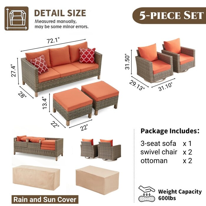 5-Piece Outdoor Wicker Patio Conversation Set