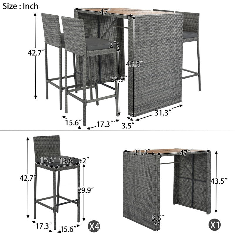 5-Piece Patio Dining Bar Set, Bar Height Chairs with Cushion