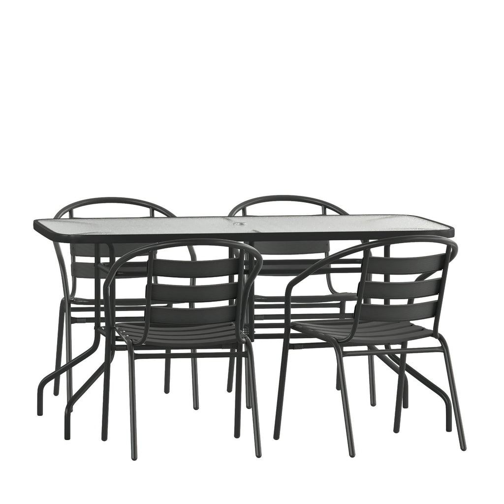 5 Piece Patio Dining Set - Glass Table, 4 Flex Stack Chairs