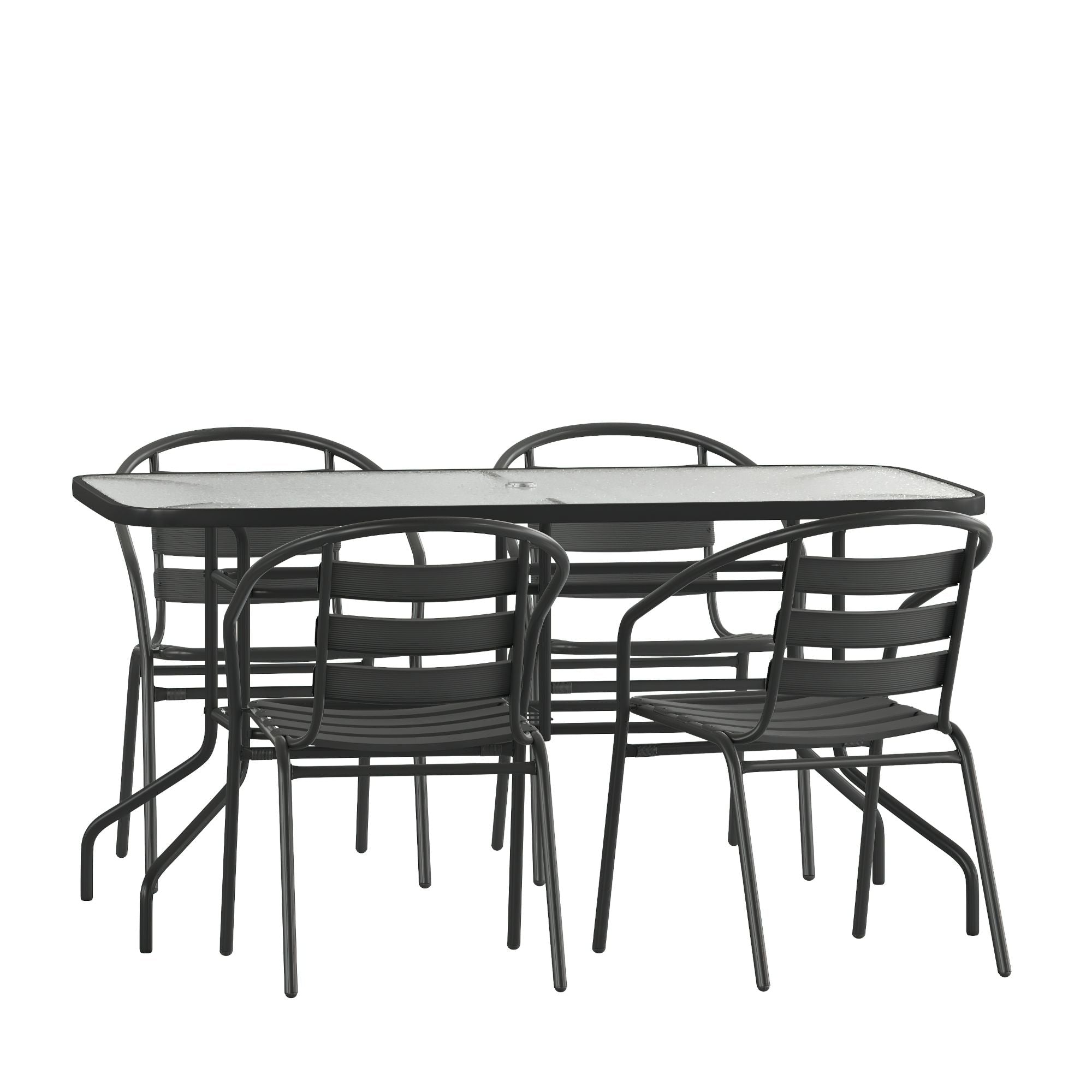 5 Piece Patio Dining Set - Glass Table, 4 Flex Stack Chairs