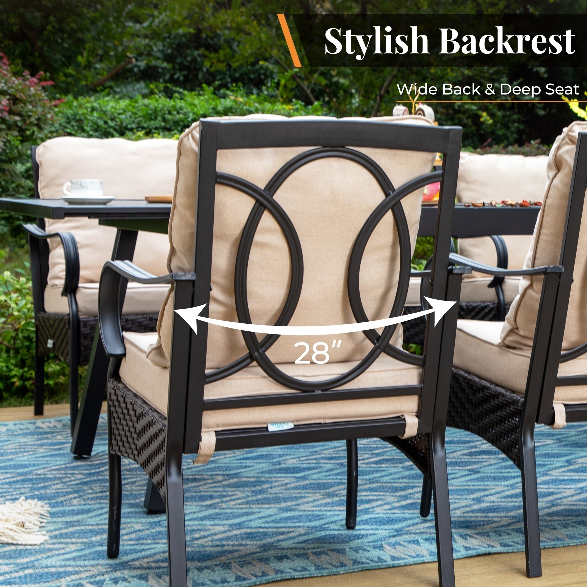 5-Piece Patio Set with 42 Round Metal Table with Umbrella Hole & Wicker Arm Chairs with Cushion