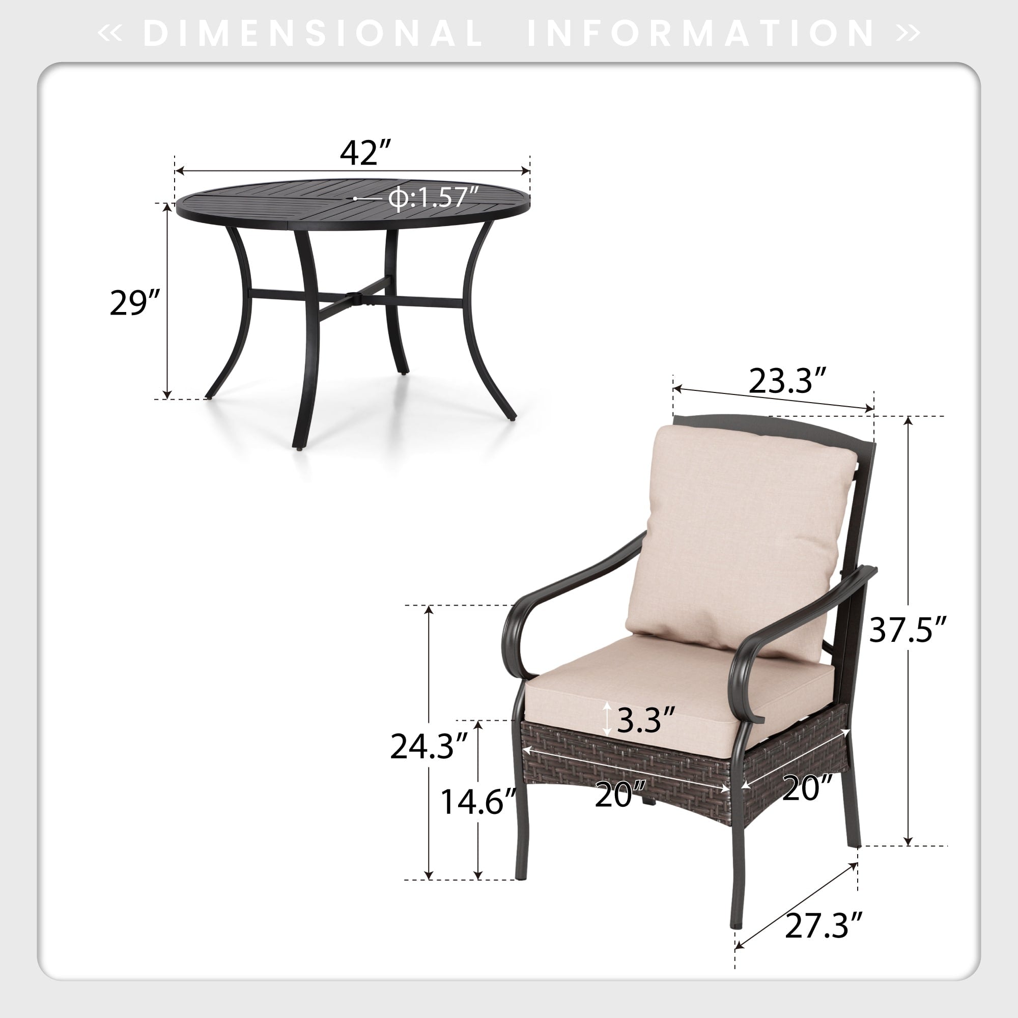 5-Piece Patio Set with 42 Round Metal Table with Umbrella Hole & Wicker Arm Chairs with Cushion