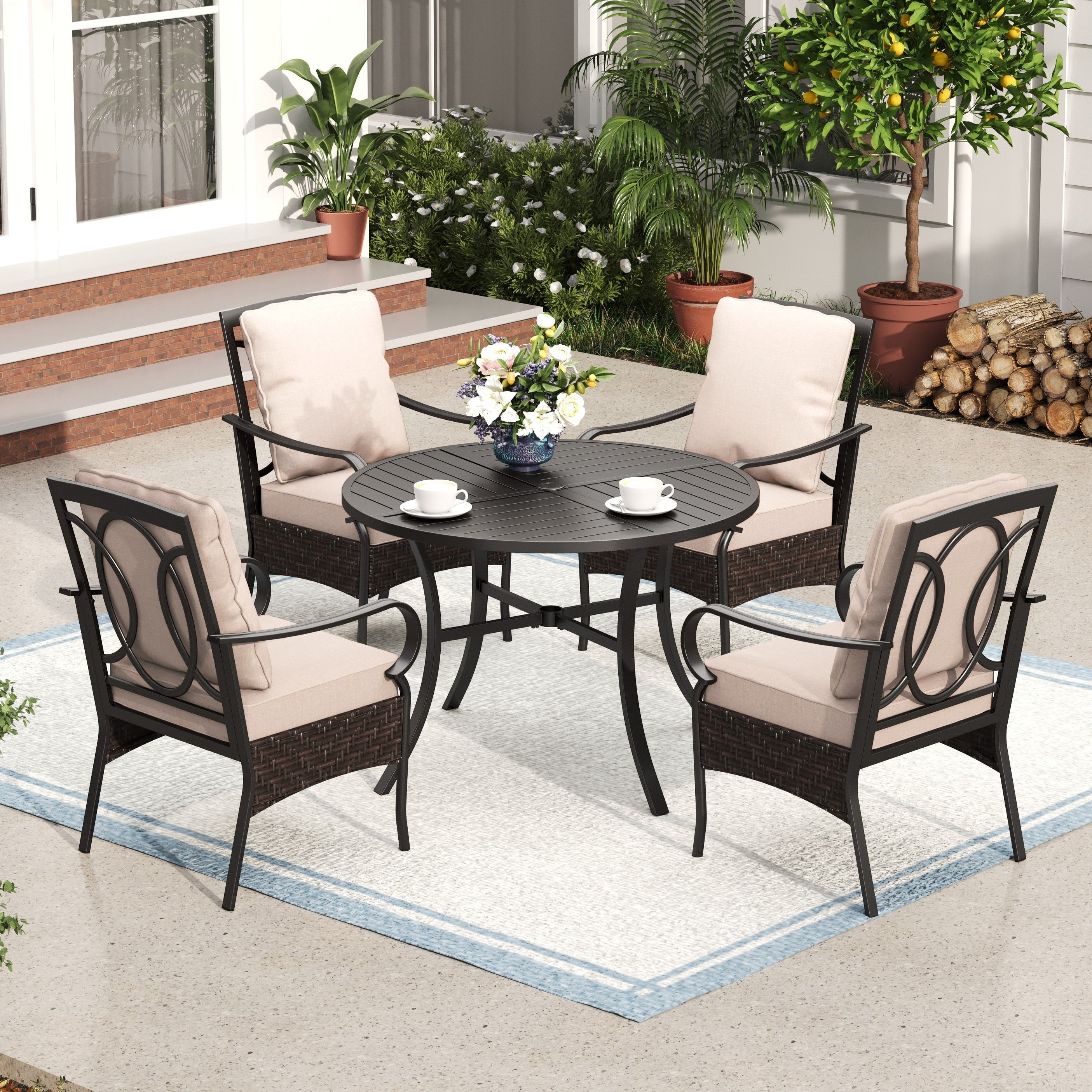 5-Piece Patio Set with 42 Round Metal Table with Umbrella Hole & Wicker Arm Chairs with Cushion