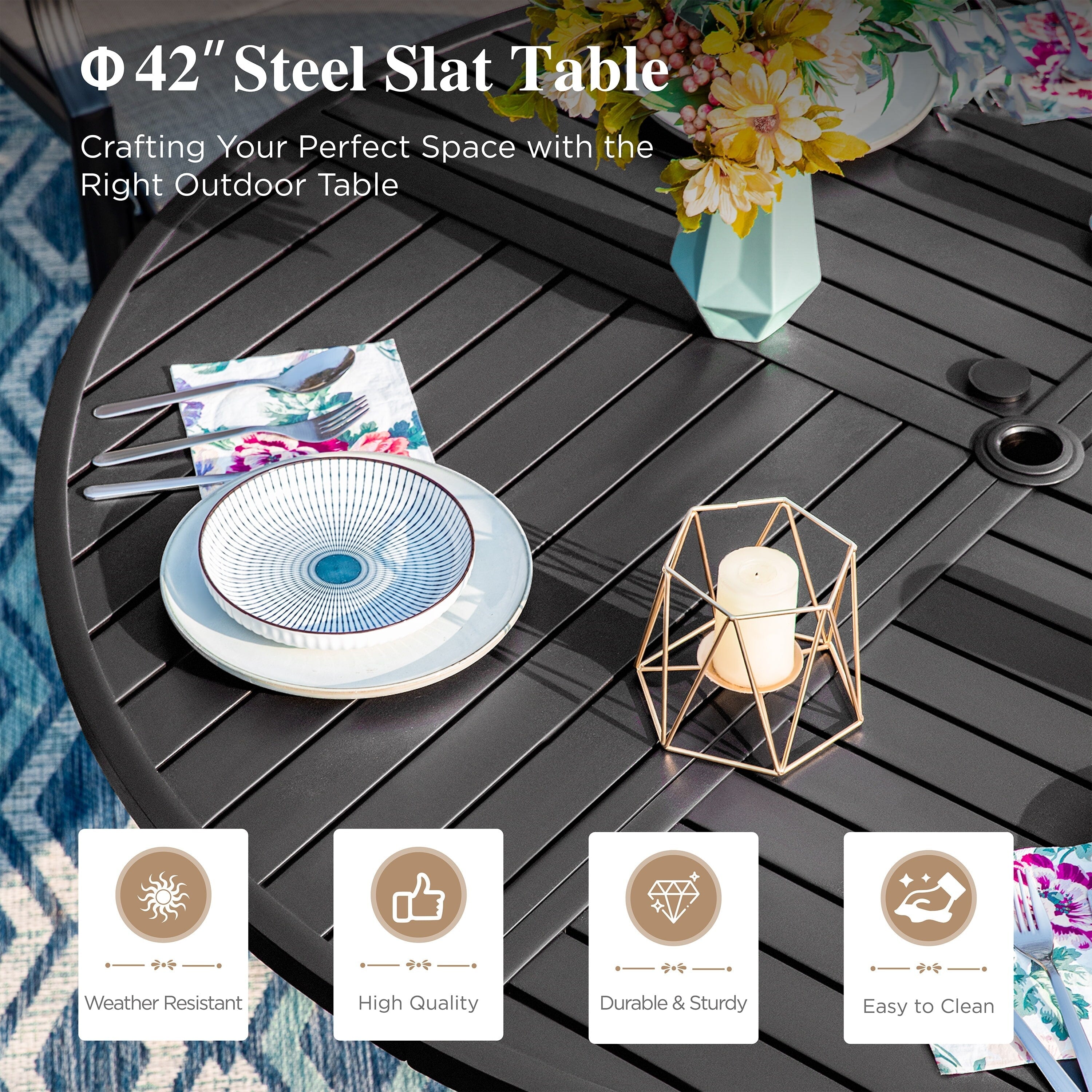 5-Piece Patio Set with 42 Round Metal Table with Umbrella Hole & Wicker Arm Chairs with Cushion