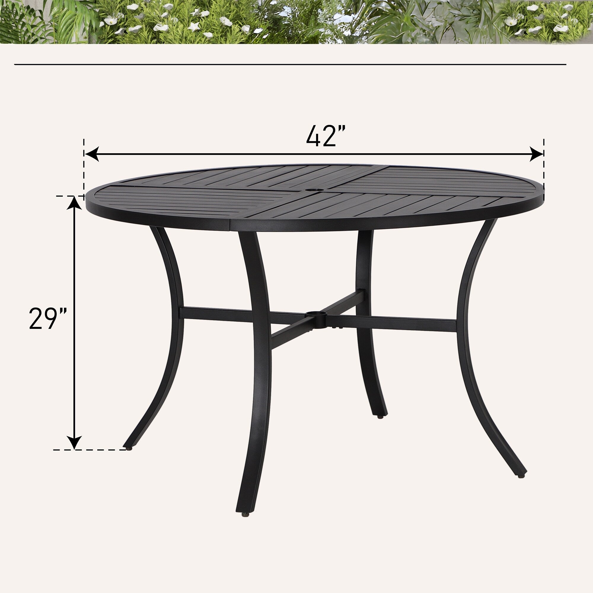 5-Piece Patio Set with 42 Round Metal Table with Umbrella Hole & Wicker Arm Chairs with Cushion