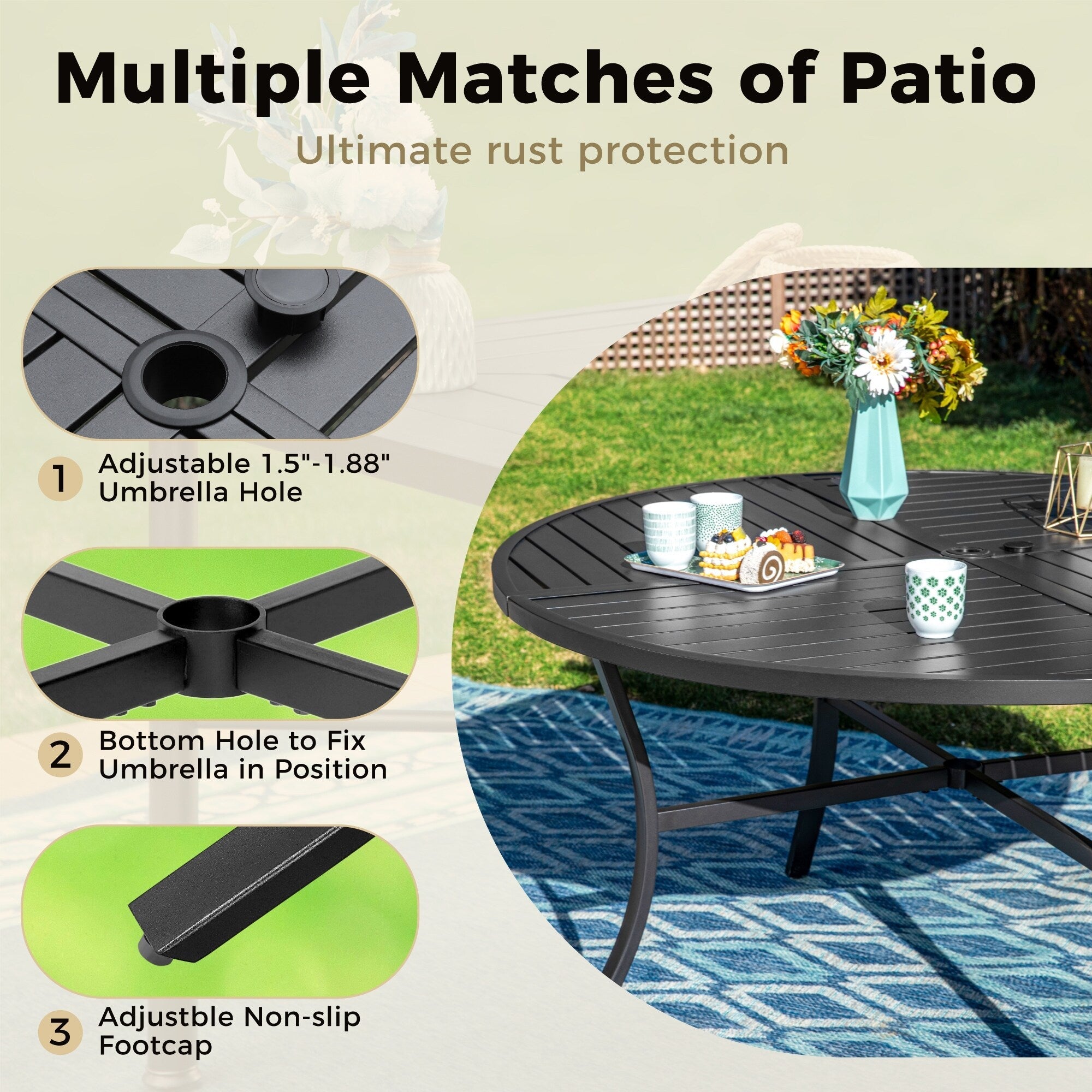 5-Piece Patio Set with 42 Round Metal Table with Umbrella Hole & Wicker Arm Chairs with Cushion