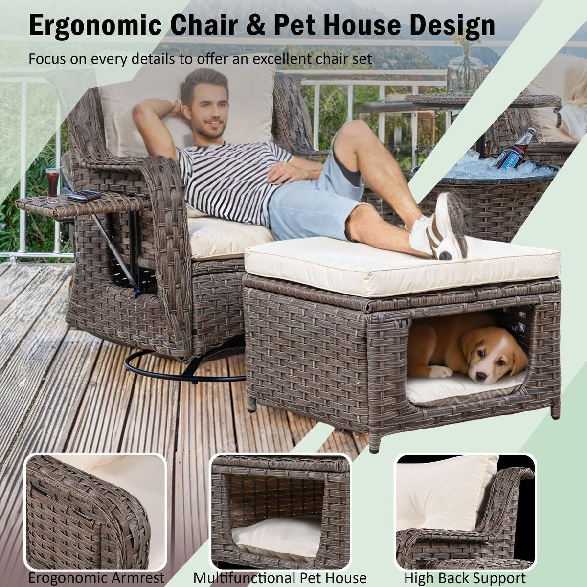 5-Piece Wicker Outdoor Rocking Chair Set with Cool Bar Table and Pet House