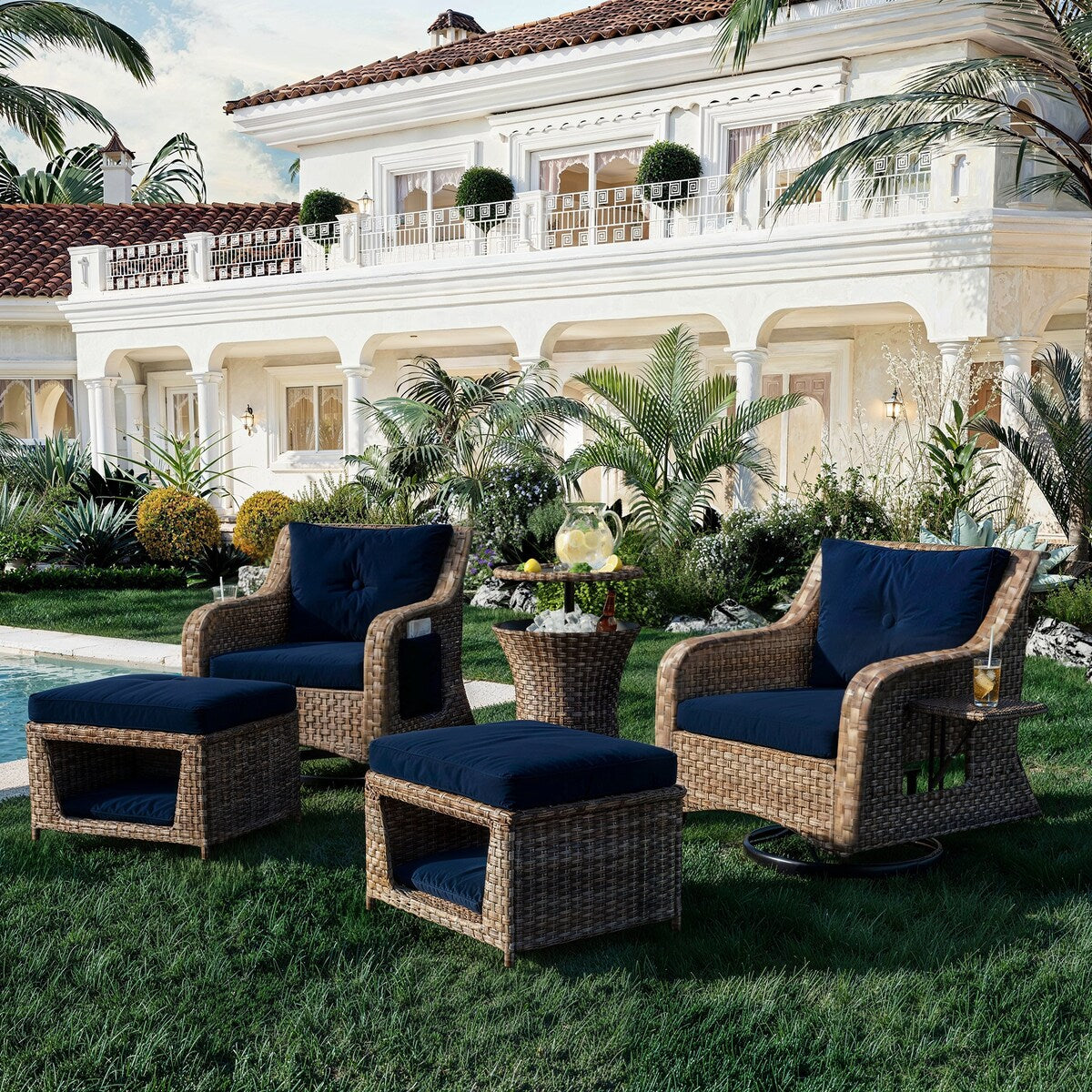 5-Piece Wicker Outdoor Rocking Chair Set with Cool Bar Table and Pet House