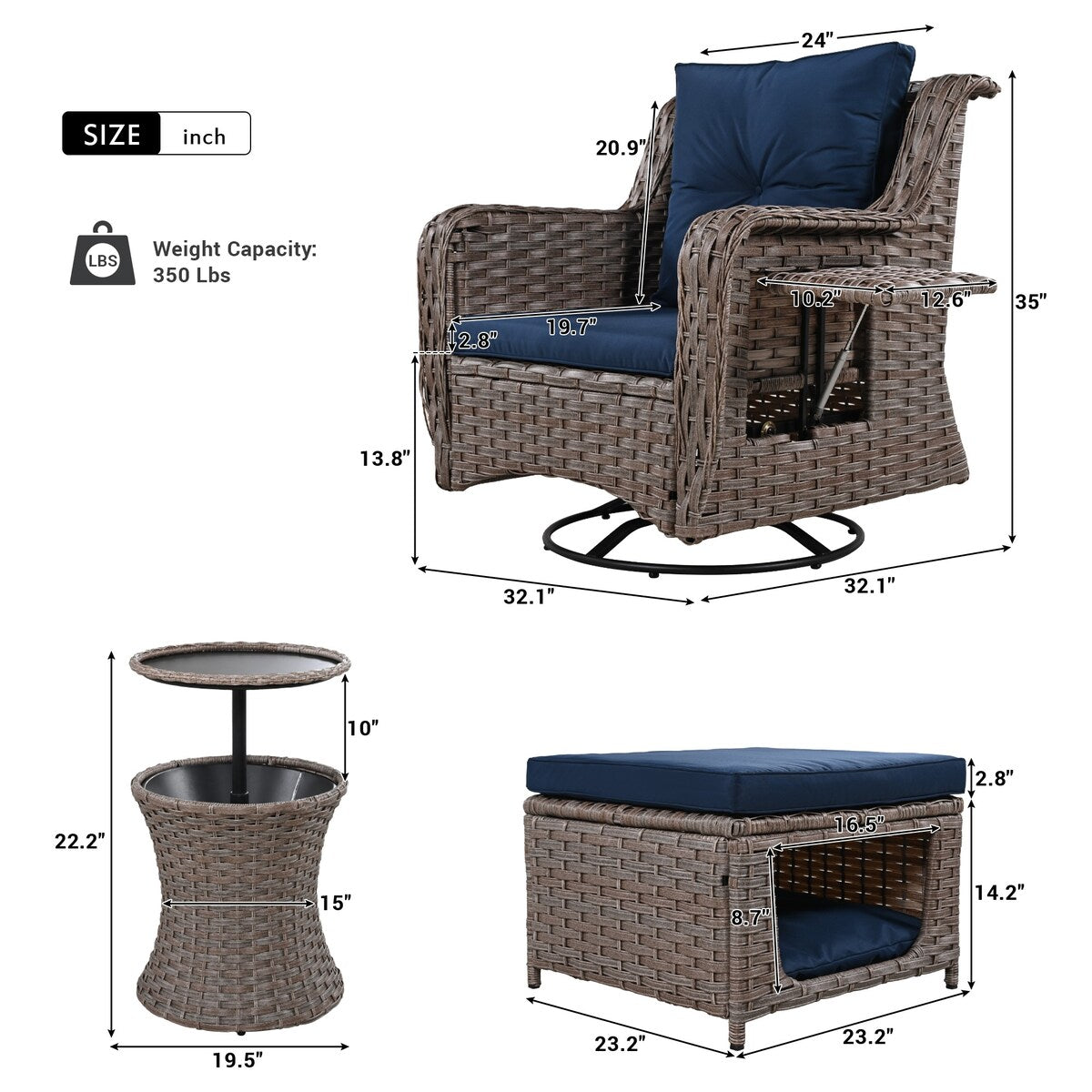 5-Piece Wicker Outdoor Rocking Chair Set with Cool Bar Table and Pet House