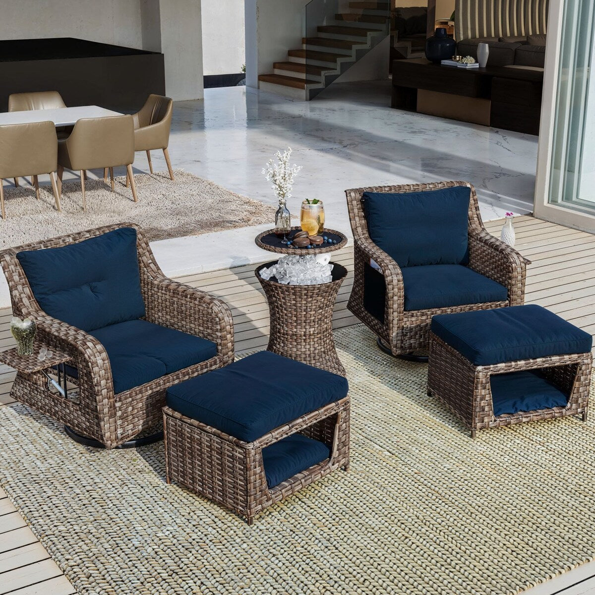 5-Piece Wicker Outdoor Rocking Chair Set with Cool Bar Table and Pet House