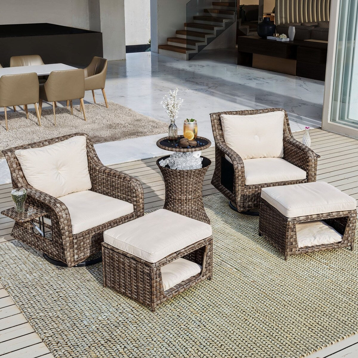 5-Piece Wicker Outdoor Rocking Chair Set with Cool Bar Table and Pet House
