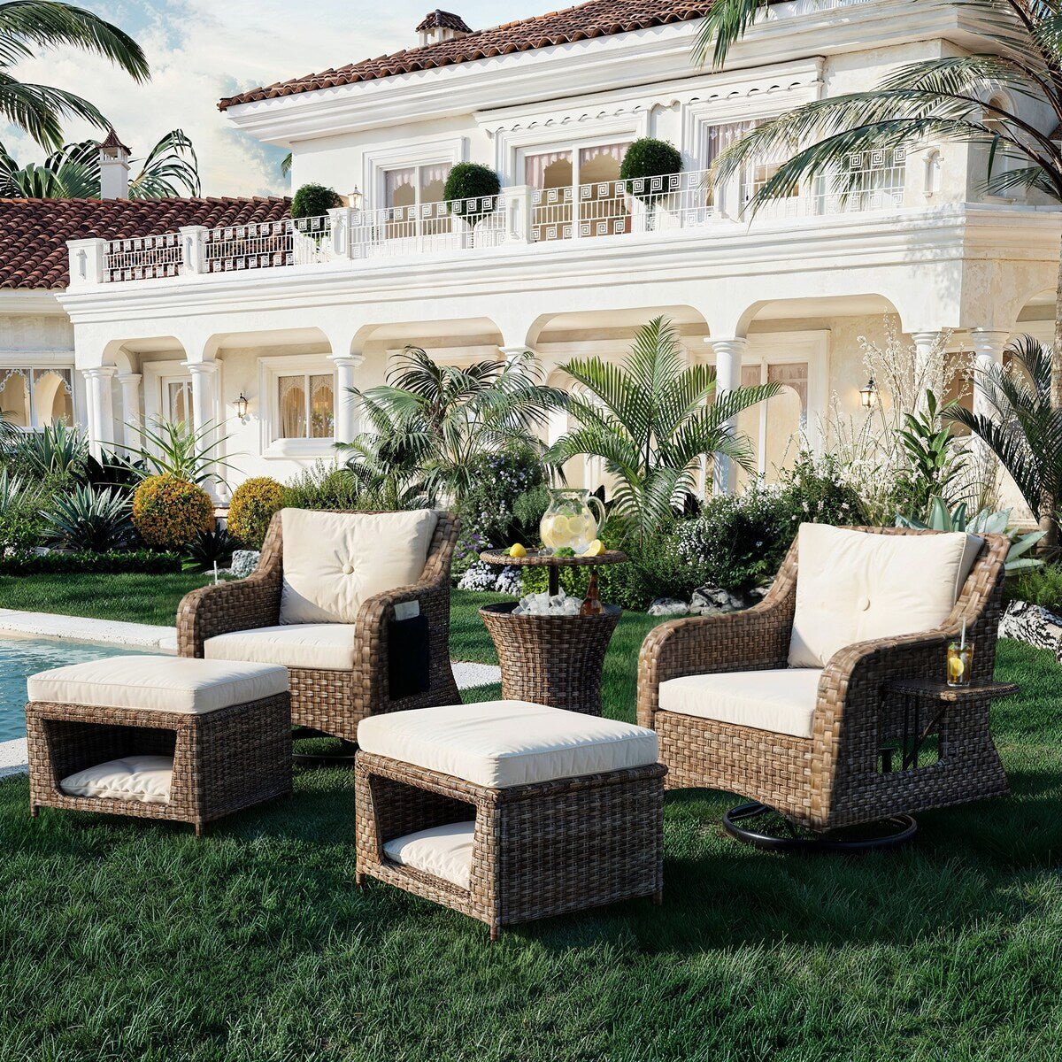 5-Piece Wicker Outdoor Rocking Chair Set with Cool Bar Table and Pet House