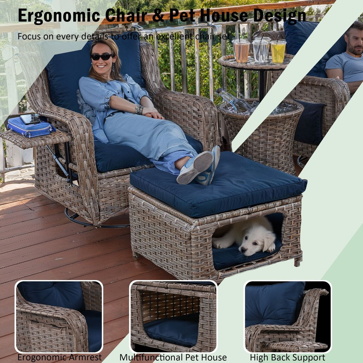 5-Piece Wicker Outdoor Rocking Chair Set with Cool Bar Table and Pet House
