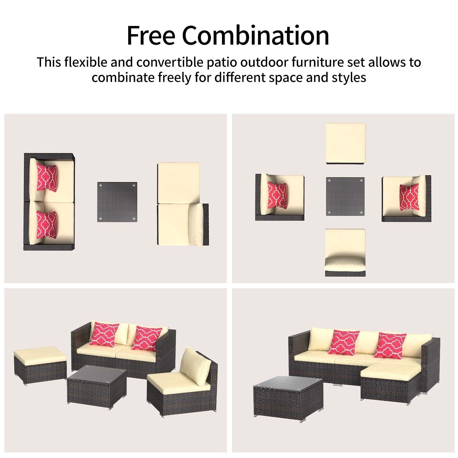 5-Pieces Outdoor Sectional Set, Patio Conversation Set, Rattan Sectional Sofa Set with Coffee Table