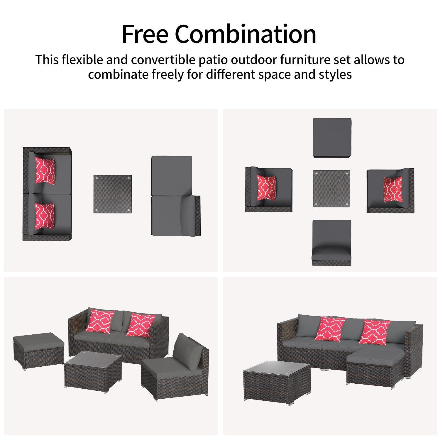 5-Pieces Outdoor Sectional Set, Patio Conversation Set, Rattan Sectional Sofa Set with Coffee Table