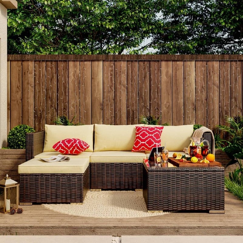 5-Pieces Outdoor Sectional Set, Patio Conversation Set, Rattan Sectional Sofa Set with Coffee Table