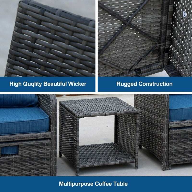 5 Pieces Outdoor Wicker Patio Furniture Set with Ottomans and coffee table