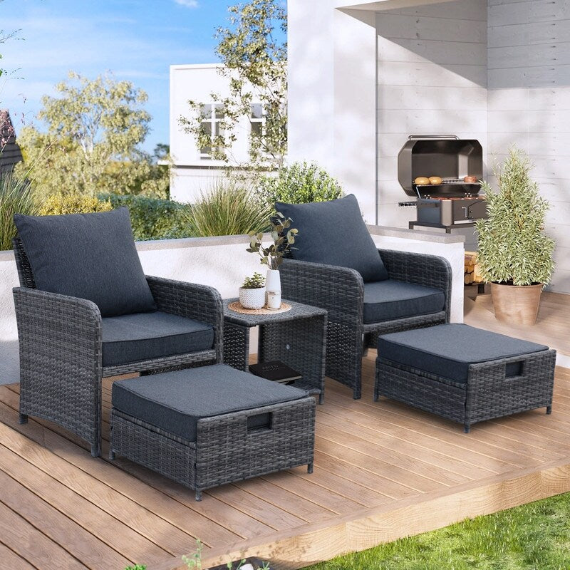 5 Pieces Outdoor Wicker Patio Furniture Set with Ottomans and coffee table