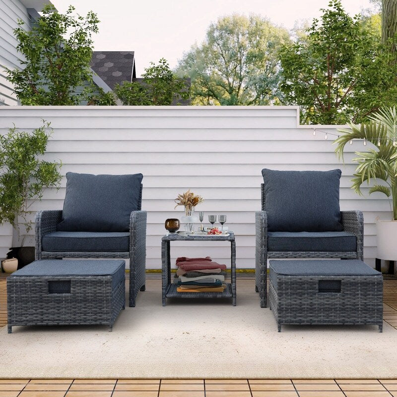5 Pieces Outdoor Wicker Patio Furniture Set with Ottomans and coffee table