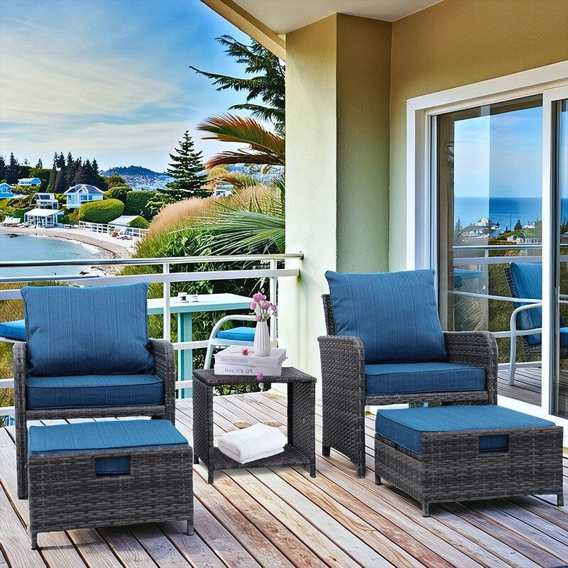 5 Pieces Outdoor Wicker Patio Furniture Set with Ottomans and coffee table