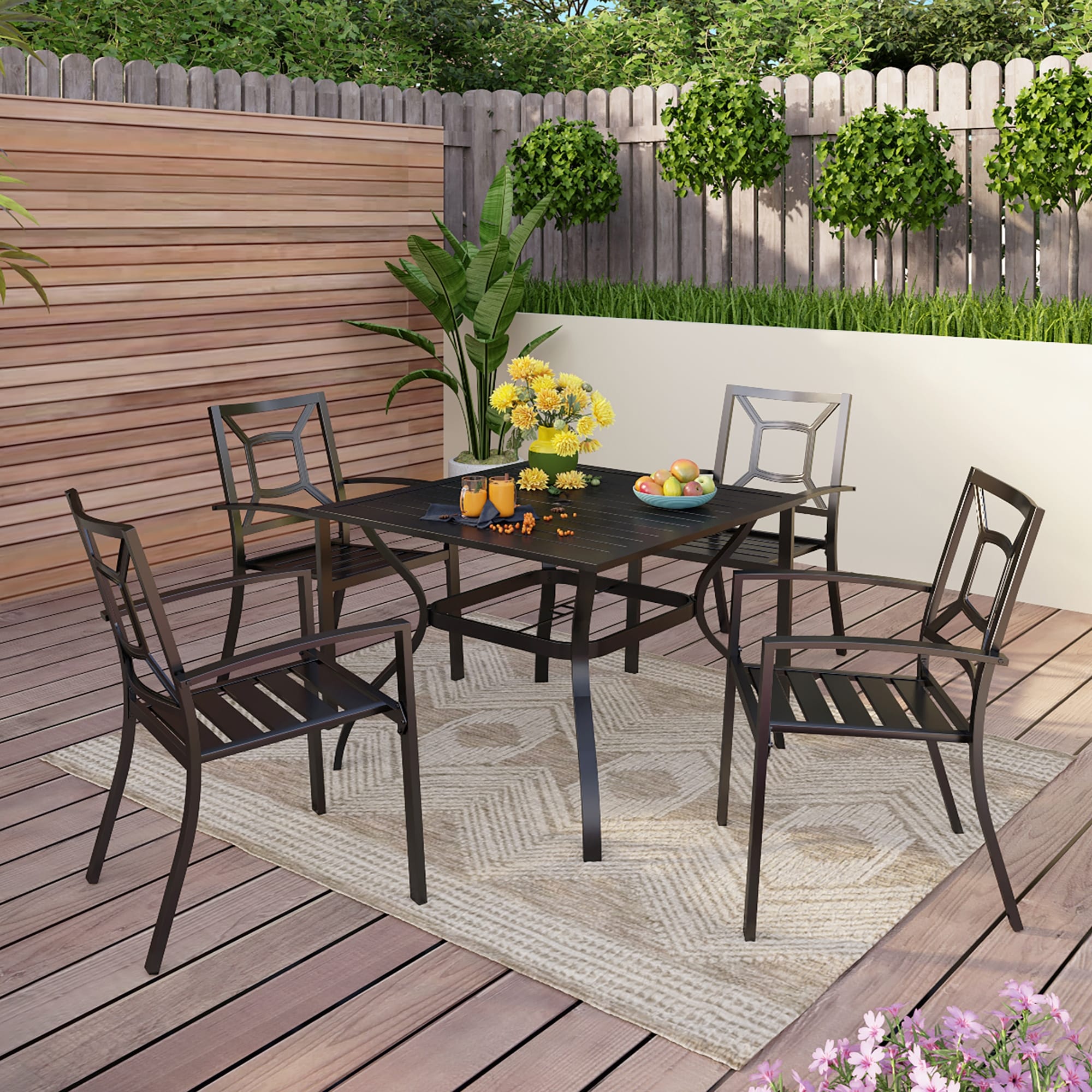 5-piece Outdoor E-coated Patio Dining Set with Stackable Chairs