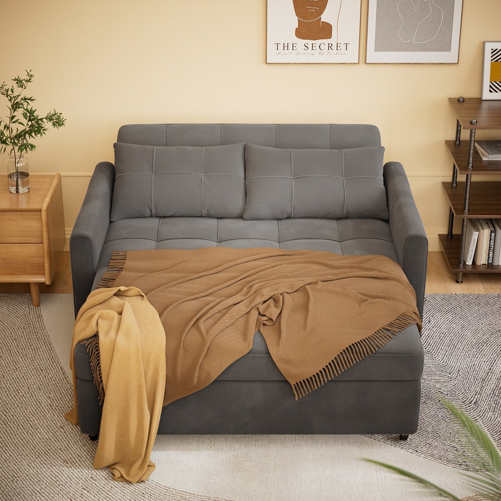 3-in-1 Convertible Sofa Bed Lounger Chaise Loveseat with Pull-up Bed, Velvet / cloth