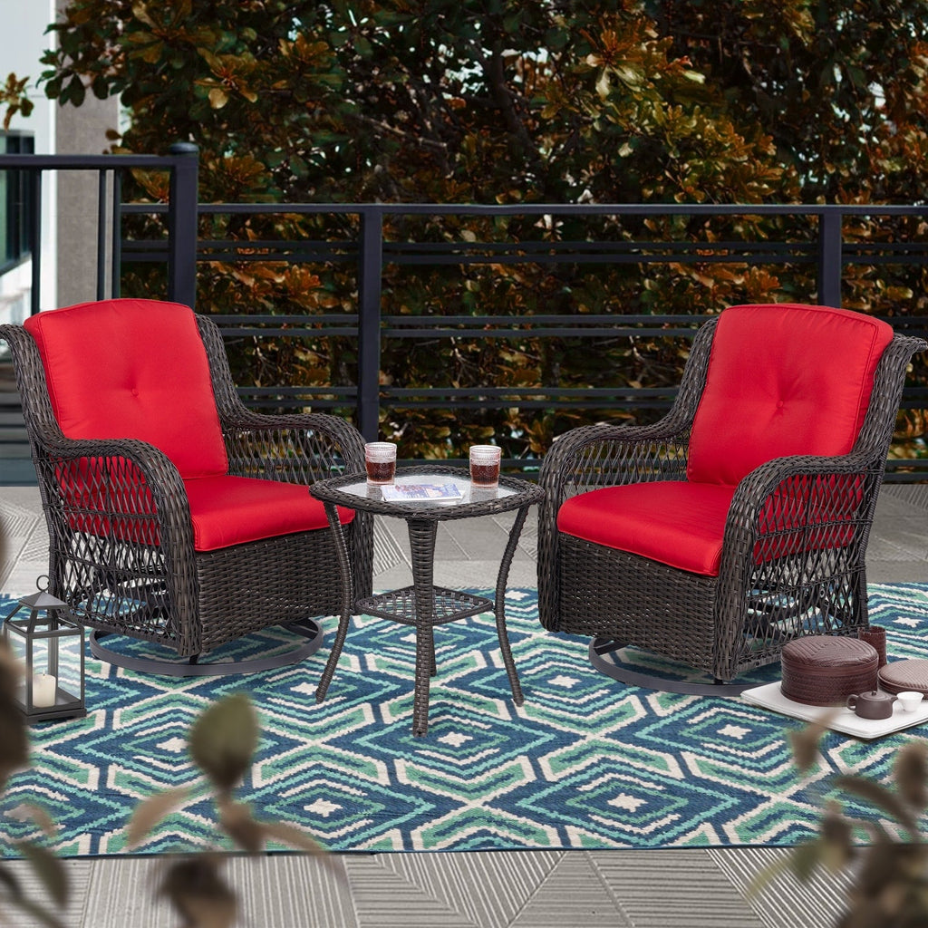 3-Piece Outdoor Brown Wicker Swivel Rocking Chairs Set