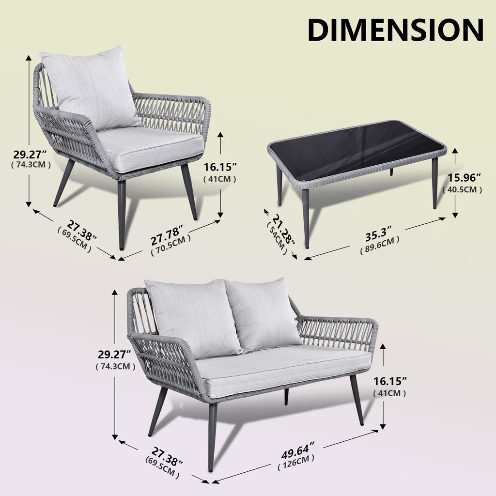 4 Piece Outdoor Patio Furniture Sets, Wicker Conversation Set for Porch Deck, Gray Rattan Sofa Chair with Cushion&Table