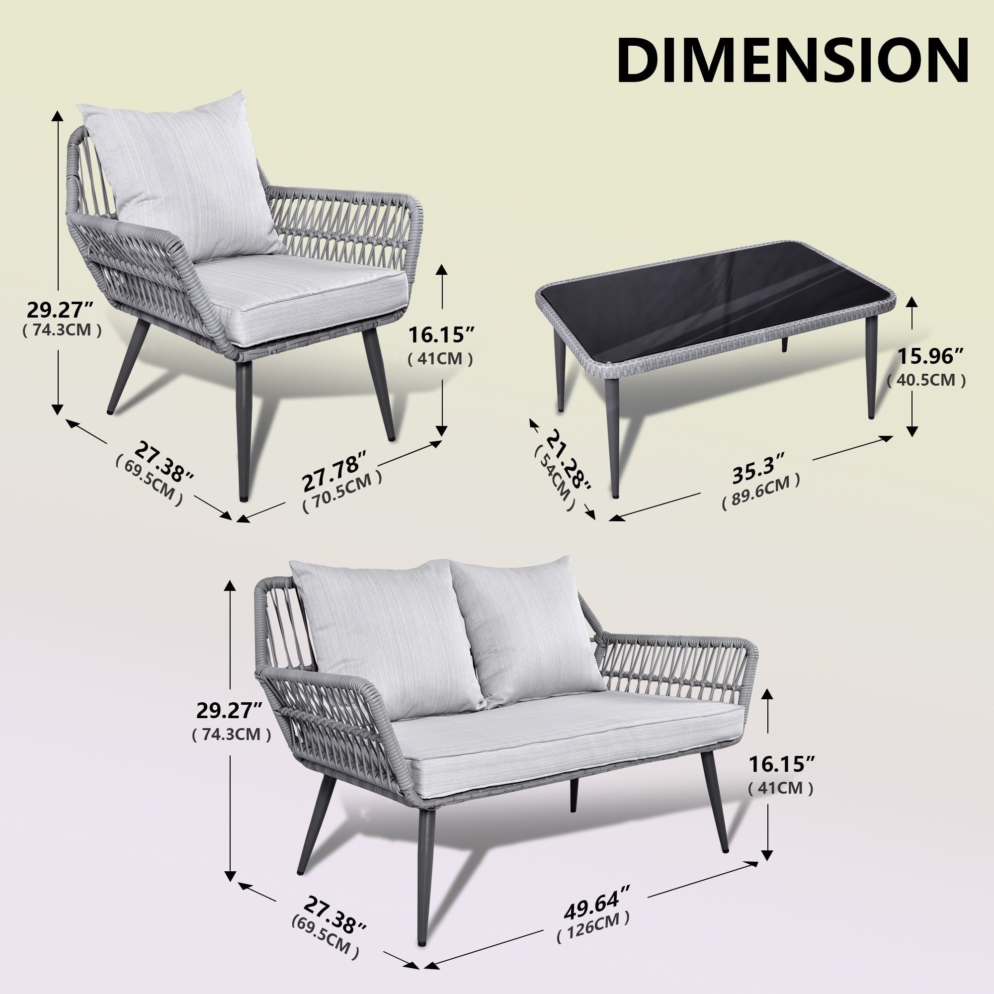 4 Piece Outdoor Patio Furniture Sets, Wicker Conversation Set for Porch Deck, Gray Rattan Sofa Chair with Cushion&Table